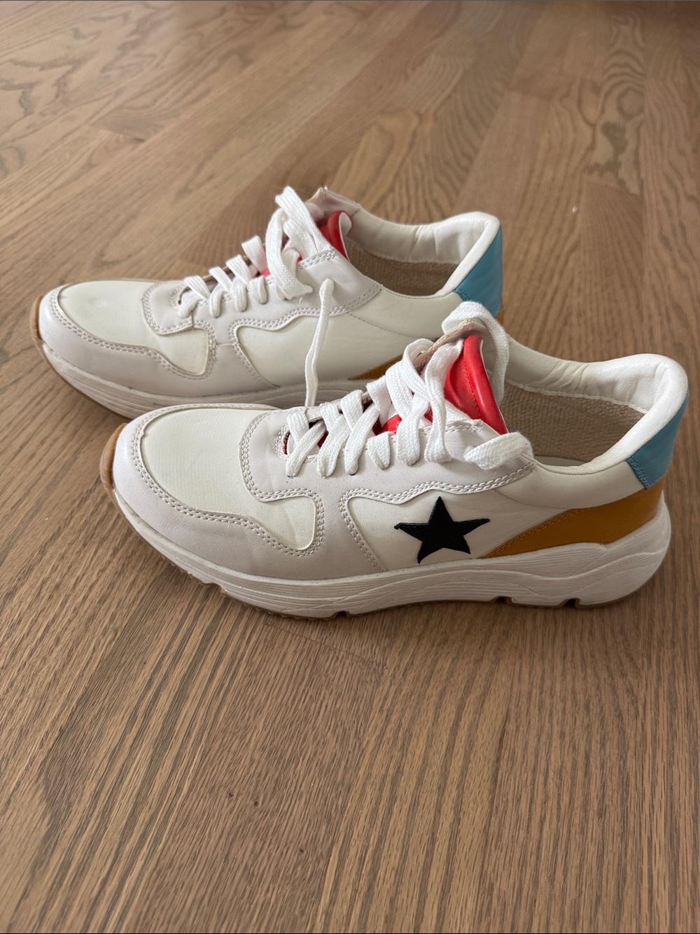 Vici White Sneaker with Black Star, Coral Tongue, Mustard & Blue Accents